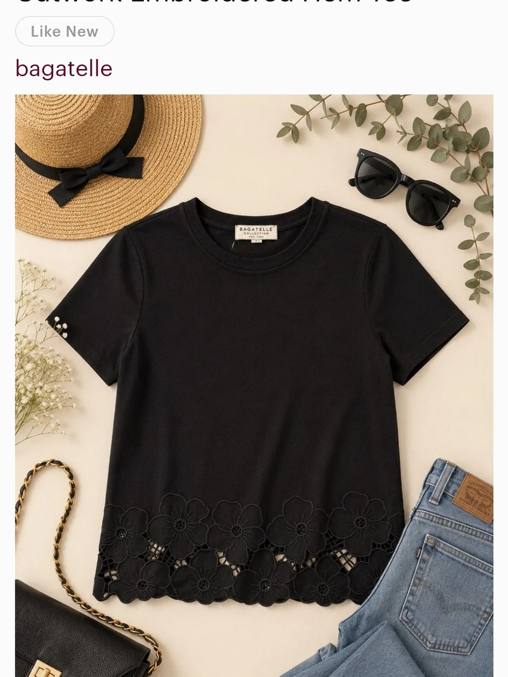 bagatelle Black Floral Cutout Hem Short Sleeve Tee